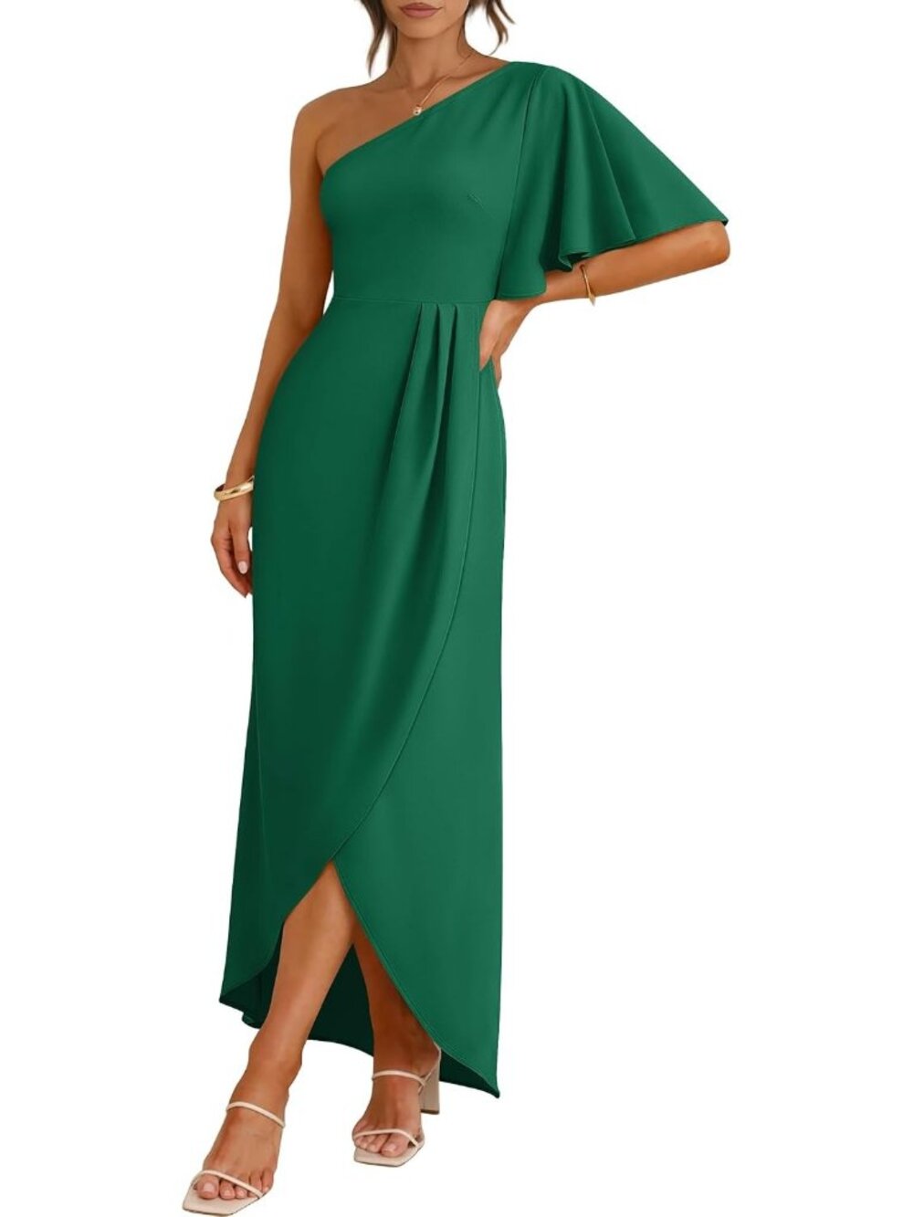 Women's Deep Green One Shoulder Short Sleeve Formal Wedding Guest Midi Dresses